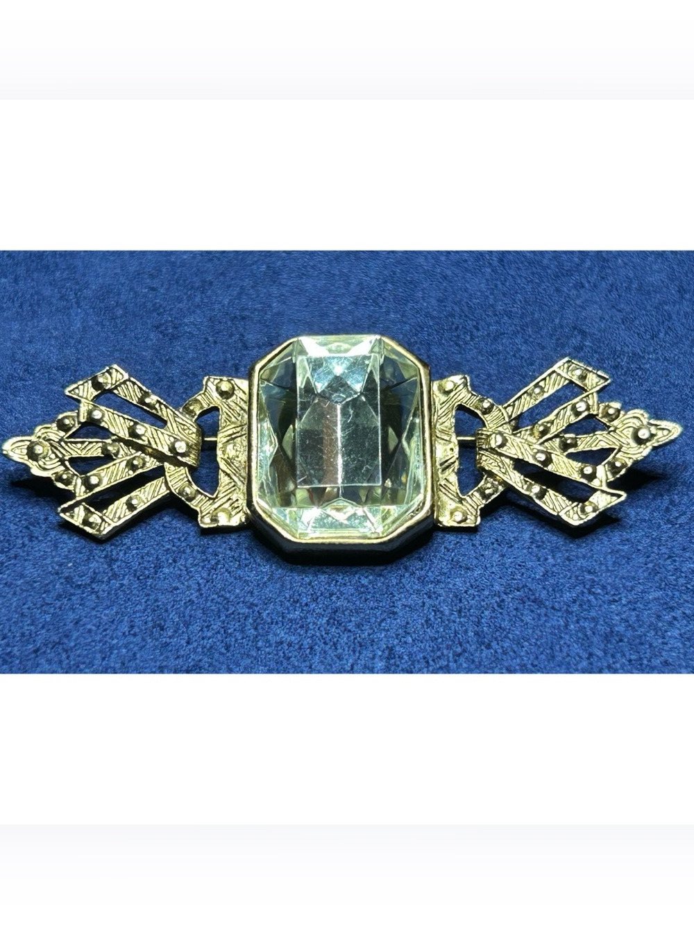 Vintage Art Deco Revival Brooch – Silver Tone Emerald Cut Crystal Pin